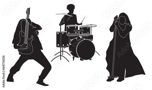 rock musicians guitarist, drummer and singer flat icons