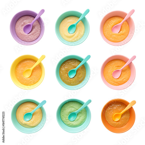 Nine colorful bowls of baby food with spoons on a black background