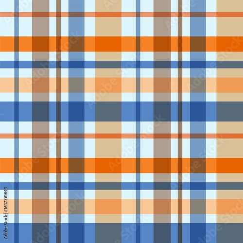 Textured blue orange and white plaid vector background. The pattern for textiles. Background for food. Chequered. Seamless checkered pattern.