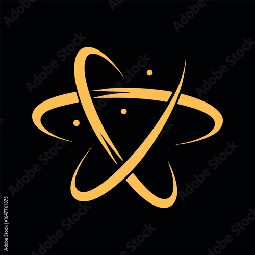 Stylized golden atom symbol with orbiting electrons on black background