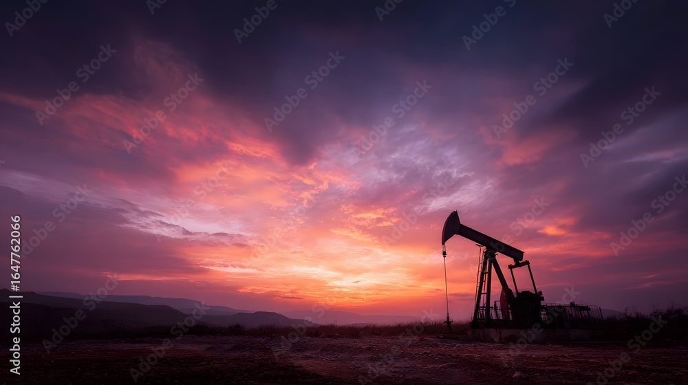 Naklejka premium Oil pump jack operating in desert field at dramatic sunset
