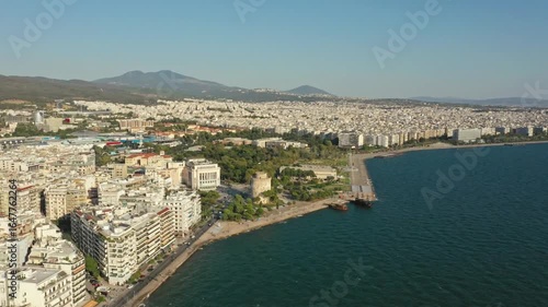 Aerial view of thessaloniki city in greece with white tower and coastline