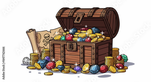 Cartoon Treasure Chest Overflowing with Gold and Gems