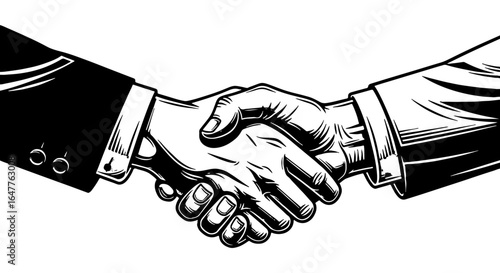 Vintage handshake illustration. Two hands shaking, symbolizing business deal, partnership, agreement, collaboration, trust, success.