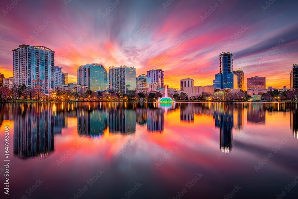 Naklejka premium City skyline reflected in a calm lake at sunset