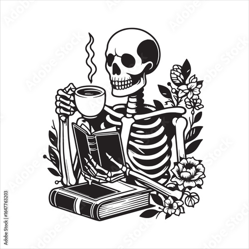 Skeleton reading a book and drinking coffee with floral accents vector illustration