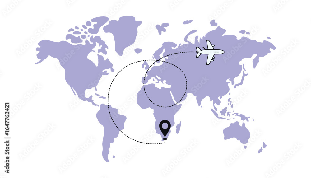 Naklejka premium Global Travel Map with Airplane Route and Location Pin Illustration