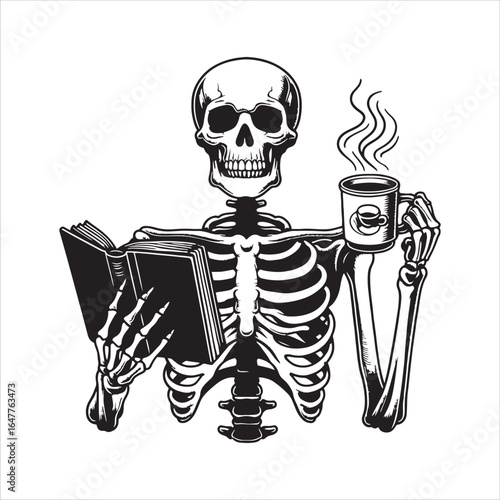 Skeleton reading a book and holding a steaming cup of coffee on a white background Keywords: skeleton, reading, book, coffee, cup, steaming, hot drink, beverage, bones, skull, anatomy