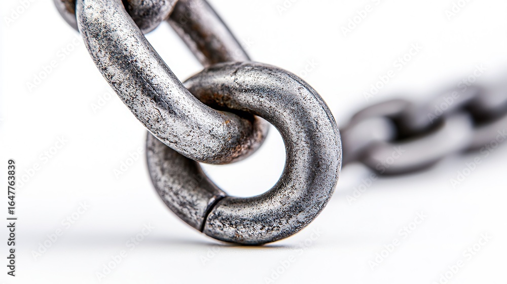 Obraz premium Extreme close-up of the metal hook connecting the chain to the swing seat, focus on engineering and safety, clean lighting with a seamless white background