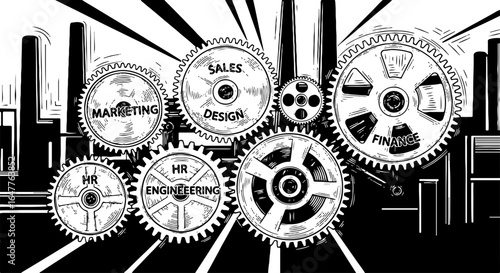 Corporate business departments working together: Black and white illustration of interconnected gears representing teamwork, process, and synergy.