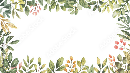 Watercolor leaves and berries frame with a black background in the center