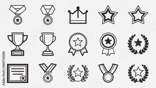 Collection of Achievement Icons:  Simple Line Art Style Awards, Trophies, Medals, Laurels, and Stars;  Perfect for Website Design, App Development, and Presentation Graphics.