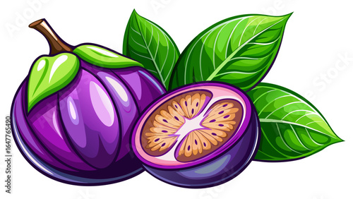 A close-up captures fresh purple fruit paired with glossy green leaves, glowing with natural vibrance against the pure white background, creating a striking contrast of rich colors and delicate textur