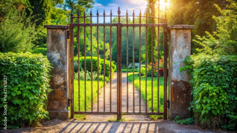 Obraz premium Rustic iron gate leading to a vibrant garden path, bathed in warm sunlight, offering a tranquil escape into nature's embrace.