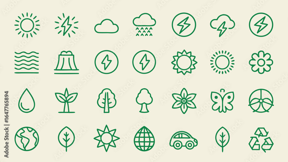 Fototapeta premium Collection of Green Line Art Icons: Nature, Energy, and Sustainability Symbols for Eco-Friendly Designs, Websites, and Applications.