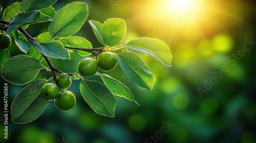 Wallpaper Mural Lush green plums on branch, sunlit leaves Torontodigital.ca