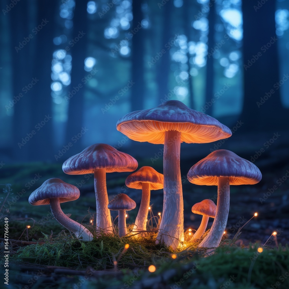 Fototapeta premium Glowing mushrooms in a mystical forest magical fantasy