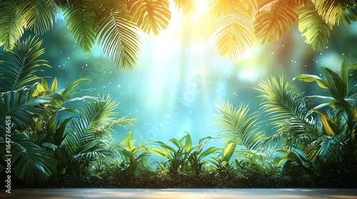 Lush jungle scene with sunlight filtering through foliage
