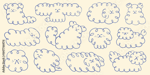 Set of Cute Hand-Drawn Doodle Dogs with Curly Outlines. Simple Blue Line Art Puppy.