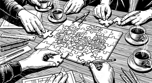 Collaborative teamwork assembling a complex mechanical blueprint puzzle, symbolizing engineering solutions, business strategy, and problem-solving.