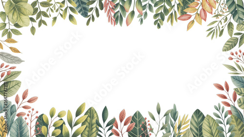 Watercolor leafy frame with green and red leaves surrounding black space