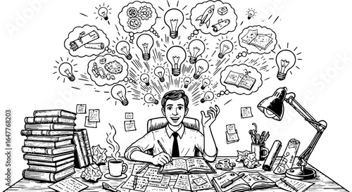 Creative man generating ideas at a desk with books and light bulbs. Brainstorming, innovation, knowledge, and problem-solving concept.