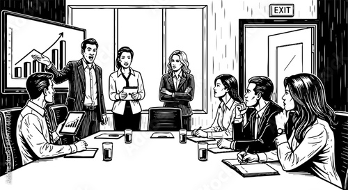 Business meeting with team discussing financial growth and strategy, professional presentation of data analysis, corporate collaboration, success planning.