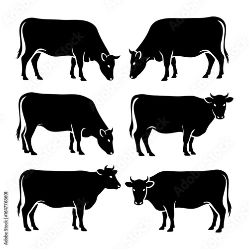 Black cow silhouettes in various poses cattle livestock