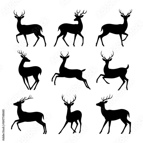 Black deer silhouettes in various poses white animal