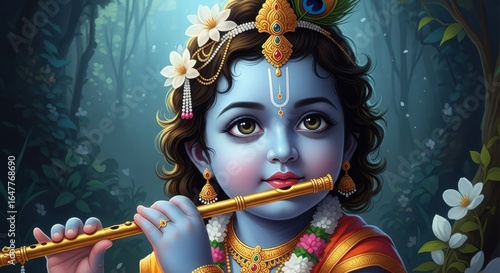 Divine Child Krishna Plays Flute in Enchanting Forest