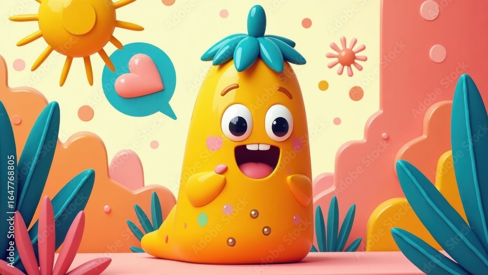 Naklejka premium Cheerful Yellow Fruit Character with Happy Expression and Cute Sun