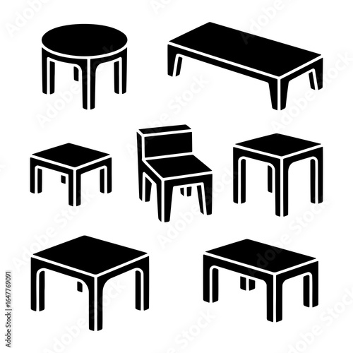Black geometric furniture set isometric view tables chair