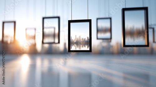 Modern art installation with framed cityscapes hanging from ceiling. Reflections below