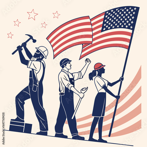 Labor Day Celebration with Patriotic Workers Holding American Flag and Tools, Honoring American Workforce and Contributions