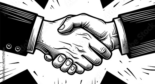 Classic Engraving Style Handshake: Symbol of Business Agreement, Partnership, Trust, and Success - Black and White Retro Deal Concept