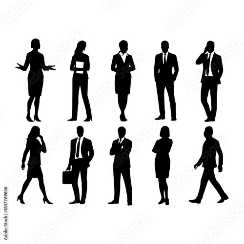 Business professionals in various poses and actions business people silhouettes