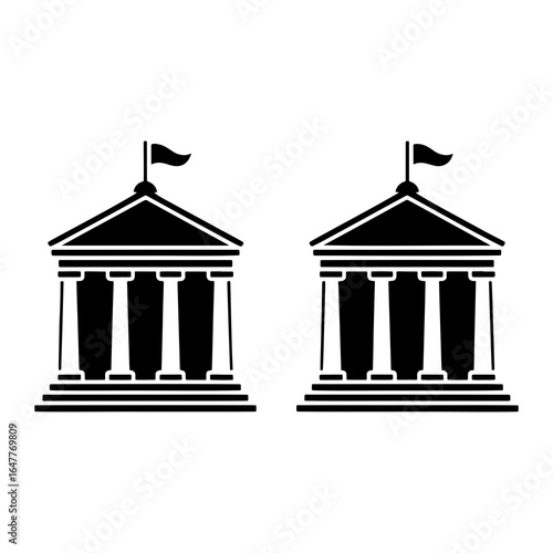 Classical building facade with columns and flag architecture