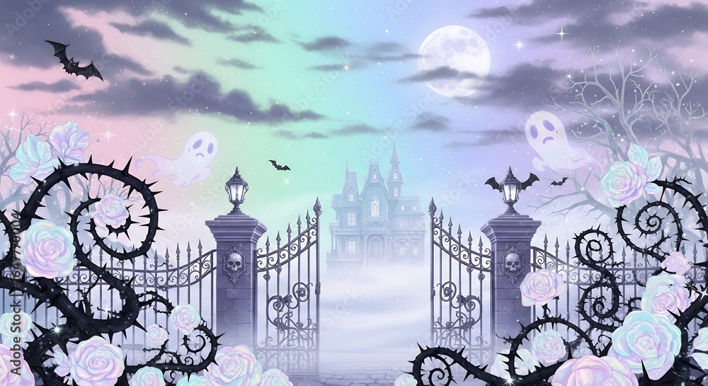 Obraz premium Haunted Castle Gate with Ghosts and Spooky Night Sky in Fantasy Landscape
