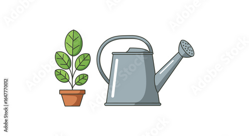 A potted plant and a watering can for gardening and plant care