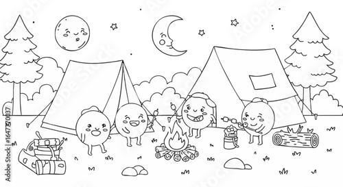 Sweet Fantasy Wonderland Intricate Line Art Illustration of a Magical Candy Landscape Filled with Cheerful Characters, Delicious Treats, and Charming Details for Creative Coloring Fun