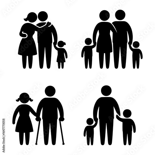 Diverse family groups and individuals with cane people children