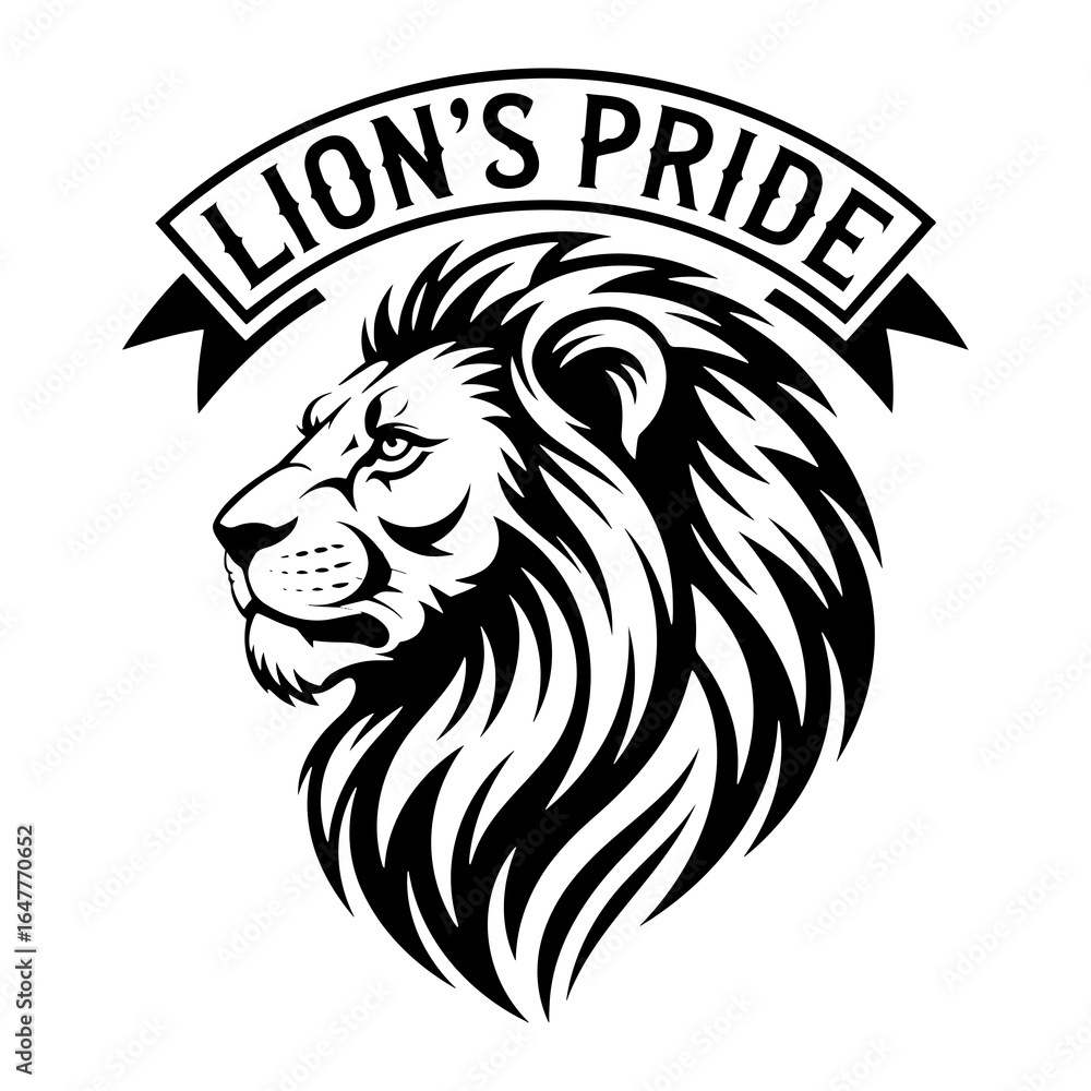 Fototapeta premium Majestic lion head with flowing mane and text banner animal wildlife