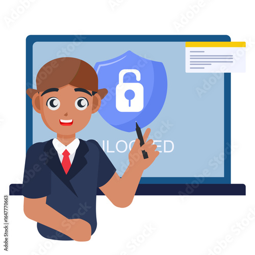 Flat vector illustration of a young Javanese man wearing traditional attire, presenting a cyber crime awareness session using a large digital screen. The screen features a security shield
