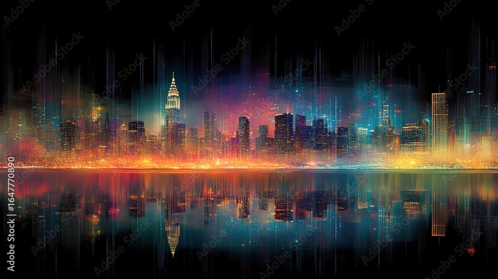 Obraz premium Neon - lit City Skyline with Reflective Water at Night
