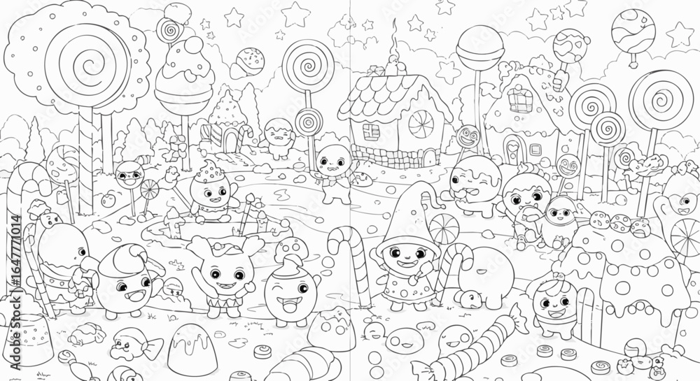 Kawaii cartoon coloring page with cute nature fairies, fruit characters, and a flower cart in a sunny meadow. Kawaii cartoon coloring page with cute nature fairies, fruit characters, and a flower cart in a sunny meadow.
