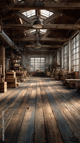 Wallpaper Mural Sunlit workshop interior with wooden beams and rustic decor, located in a spacious industrial setting Torontodigital.ca