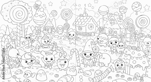 Kawaii cartoon coloring page with cute nature fairies, fruit characters, and a flower cart in a sunny meadow.
