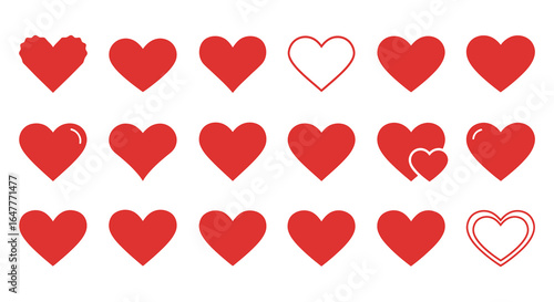 Collection of various red heart shapes on white background