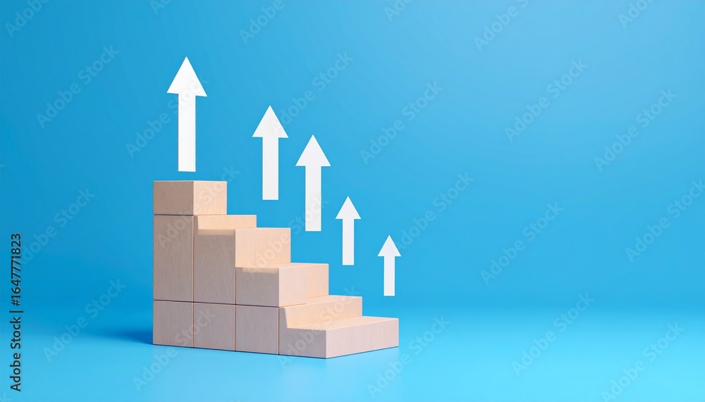 Fototapeta premium Staircase-shaped blocks and an upward-pointing white arrow
