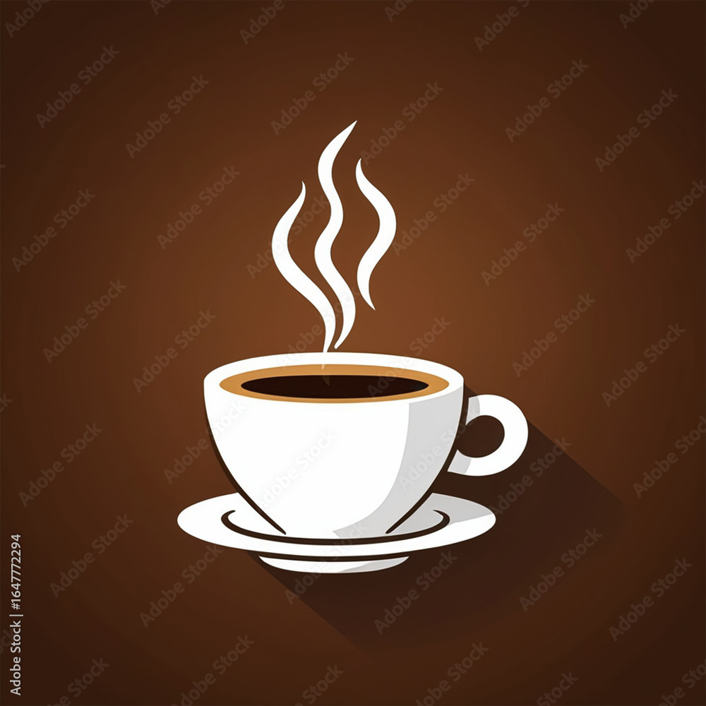 Obraz premium A white coffee cup filled with hot coffee sits on a matching saucer against a brown background. Steam rises above the cup, creating a cozy and inviting atmosphere, perfect for a morning or coffee 